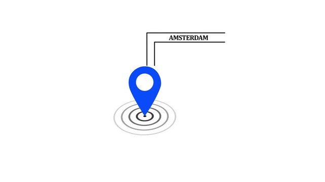 Amsterdam GPS Map pin Location Animation with Digital Navigation Pointer on transparent background. Amsterdam map label with location pin symbol. Amsterdam city map with destination location concept..