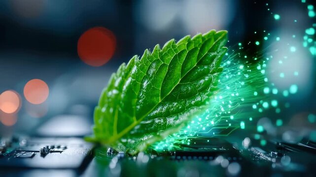 Green leaf integrated with digital circuit symbolizing eco technology, sustainability, and green innovation