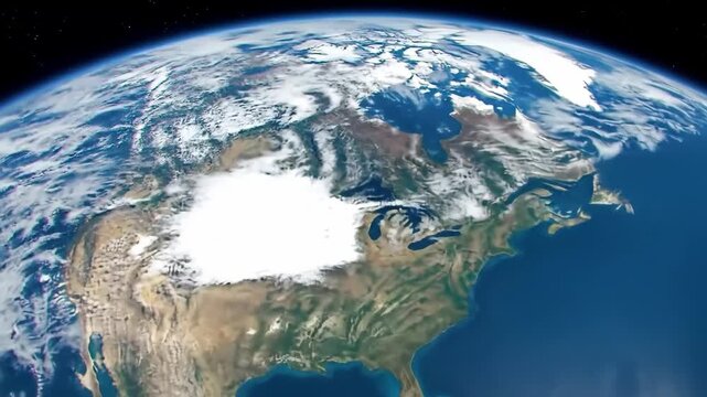 Rotating view of planet Earth from space, showcasing continents and cloud formations.