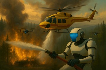 Humanoid robot spraying water on forest fire, supported by helicopter and drones, in smoky mountain landscape.