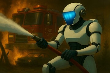Humanoid robot spraying water on fire near burnt vehicle, with fire truck labeled FIRE DEPT in smoky emergency scene.