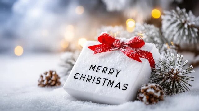 Christmas Gift: Festive presents, a season of joy, adorned with a delicate dusting of snow and a vibrant red ribbon, nestled amidst a snowy landscape. Evokes a sense of warmth and celebration.