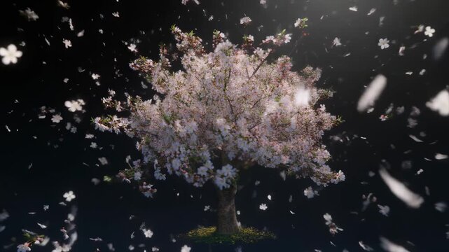 Cinematic Cherry Blossom Tree with Falling Petals on Dark Background
