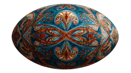 An antique vintage Easter egg ornament features a round floral mandala pattern with gold oriental decoration and traditional nature design elements isolated on white