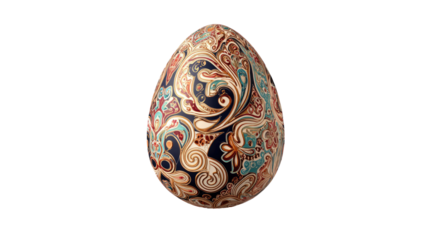 3D illustration of a colorful Easter egg decoration with a gold pattern isolated on a white background as a festive holiday symbol and artistic sphere object