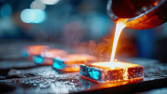 Hot liquid gold flowing from crucible into mold, illustrating high-temperature metalwork and industrial precision