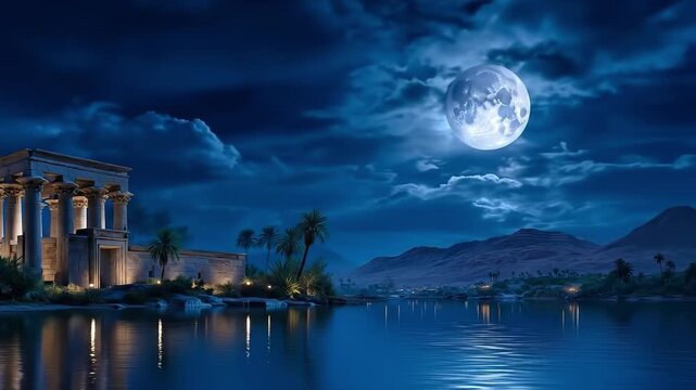 A full moon rises over a temple in the middle of a body of water