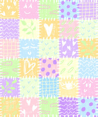 Soft pastel patchwork background with hand drawn abstract patterns, hearts, leaves, dots, lines and grids. Cute naive style illustration, playful decorative texture for kids design