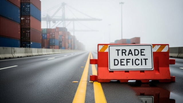 Trade deficit sign on a deserted highway with shipping containers in a foggy industrial area