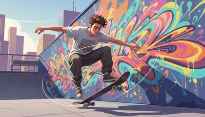 Boy skateboarding near graffiti wall digital illustration with jump trick and modern city skyline