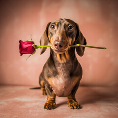 Valentine&rsquo;s Day brown dachshund holding a red rose on coral background