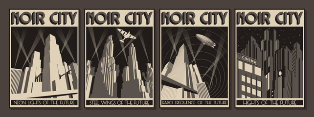 Art Deco Posters Style Illustration Set. Futuristic Noir City, Skyscrapers, Zeppelin, Plane, Spotlights and Stars. Vector Templates for Art Deco Placards, Covers, Illustrations © koyash07