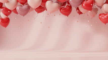 Valentine&rsquo;s Day love background with glossy heart balloons and confetti