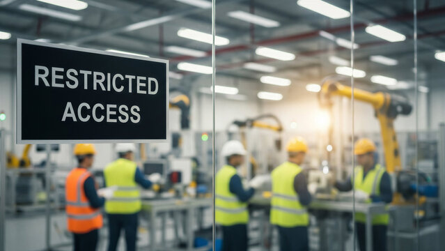 Industrial factory interior with restricted access sign and workers in safety gear operating machinery - Powered by Adobe