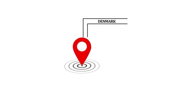 Denmark location marker animation on transparent background. Denmark map label with location pin symbol. Denmark map with destination location concept.4k video