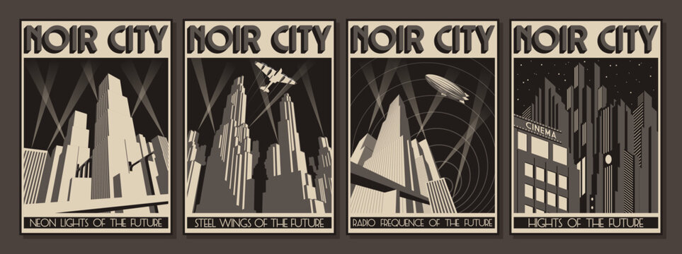 Art Deco Posters Style Illustration Set. Futuristic Noir City, Skyscrapers, Zeppelin, Plane, Spotlights and Stars. Vector Templates for Art Deco Placards, Covers, Illustrations