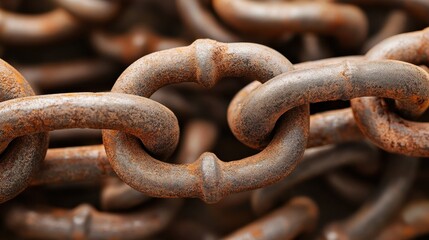 A close up view of a pile of rusted interlocking metal chains with each link showing signs of age and corrosion