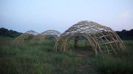 Living Willow Structures Creating Natural Windbreaks in an Open Field