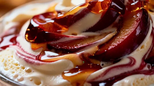 Medium shot of velvety fruit syrup ribbons elegantly spiraling into creamy ice cream as they blend creating a luscious marbled dessert texture.