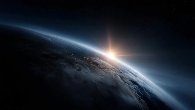 cinematic view of planet Earth in outer space, distant globe with visible curvature and soft blue atmospheric glow, night side of Earth with subtle golden city light 4K
