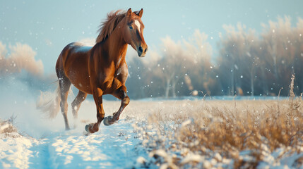 Nice brown horse running through snowy meadow
