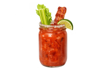 Bloody mary cocktail in a mason jar with celery, crispy bacon, and lime on transparent background