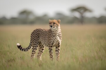 Naklejka premium Fast African Cheetah Standing in Open Savannah Grassland; Wildlife Photography of the World's Fastest Land Animal