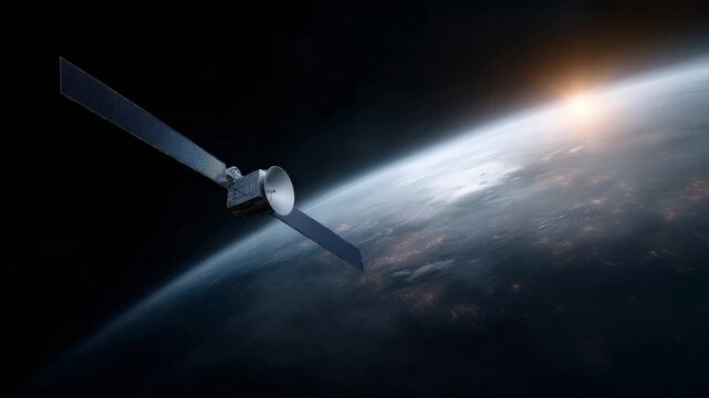 3D render of a modern communication satellite orbiting Earth, detailed spacecraft with metallic body, antenna dish and large blue solar panel arrays reflecting sunl 4K