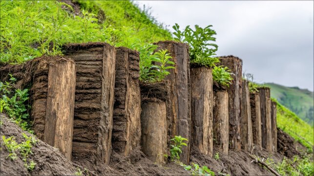 Coir Fiber Erosion Control Mats With Emerging Vegetation Stabilizing A Steep Hillside