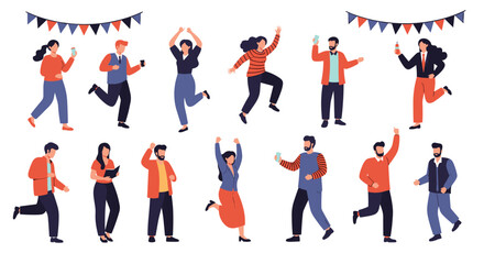 Diverse group of people celebrating at a party with dancing and drinks under festive colorful bunting flags.