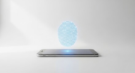 Conceptual image of biometric login using fingerprint symbol over smartphone. Represents fast and trusted access for banking, apps, and secure platforms without showing real faces