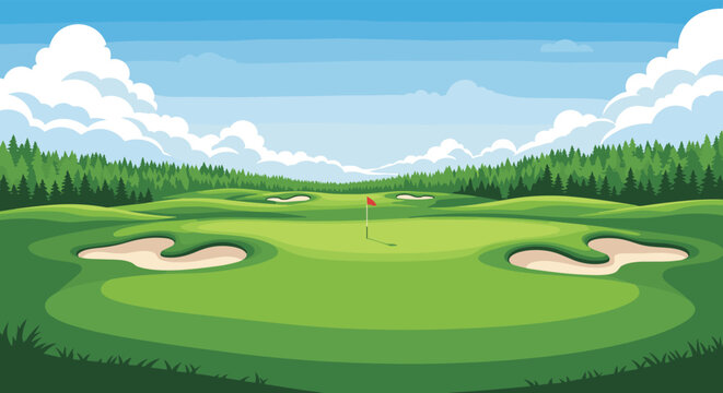 Lush green golf course green with sand traps and a red flag under a blue sky in pixel art style illustration.
