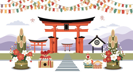 Traditional Japanese New Year celebration scene featuring a red Torii gate, Kadomatsu decorations, and festive bunting flags against a mountain backdrop.