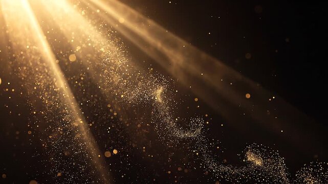 Golden particles swirling in elegant light rays, creating a magical and luxurious abstract background
