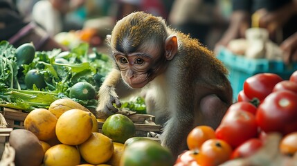 a monkey interacts with abandoned fruits and vegetables at a market in the afternoon