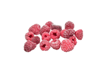 Frozen red raspberries isolated on PNG background.