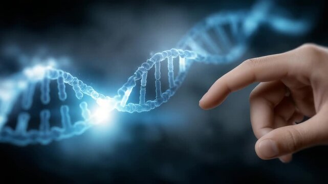 close-up conceptual biotech  a realistic human hand (light skin tone) reaching from the right side of the frame toward a glowing blue DNA double helix floating in the air  4K