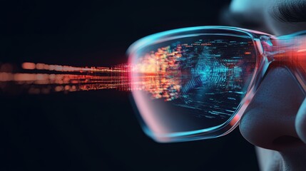 A journalist using augmented reality glasses to gather live information.