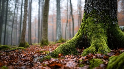 A moss covered tree trunk in a deciduous forest in early winter