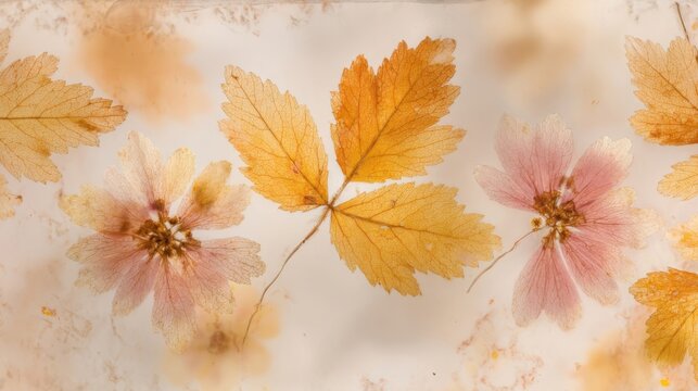 Collection of dried pressed autumn leaves and delicate flowers with autumnal hues