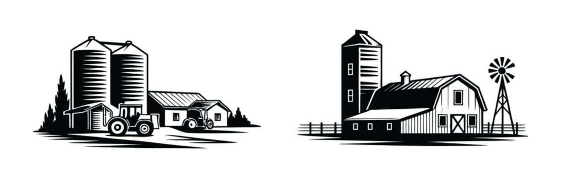 Farm barn and silo vector illustration representing agriculture and rural countryside landscape, designed in flat style for farming concepts, agricultural services, rural development, and educational 