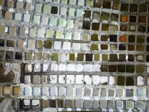 Aerial view of the colorful mosaic of salt ponds, Daghmar, Oman