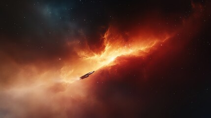 A spaceship embarking on an interstellar journey through a nebula.