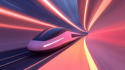 A futuristic high speed train zooming through a neon lit city.