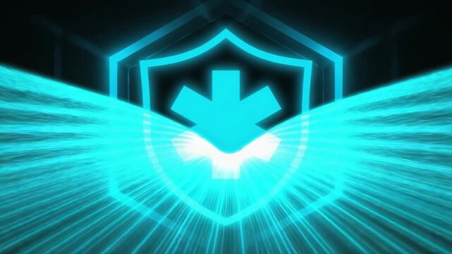 Futuristic medical protection symbol with a blue shield and Star of Life emitting bright light rays in a digital tunnel, 4K video