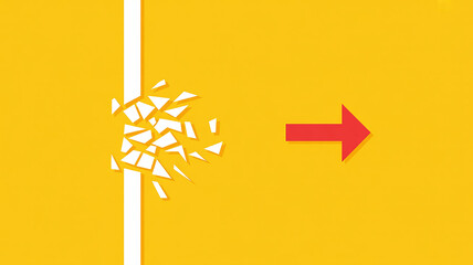 Red arrow breaking through a white line on a yellow background barrier obstacle