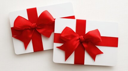 Two white gift certificates or cards are adorned with bright red satin bows atop a light surface.
