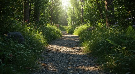 Obraz premium Sunlight streams onto a gravel path winding through a dense, lush forest