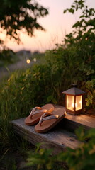 Wooden geta sandals by lantern light at dusk, warm glow, serene cultural mood