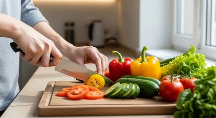 Hands cutting fresh vegetables on a wooden board in soft natural light. Concept of healthy lifestyle, self-care, routine, and nourishing life through simple daily actions